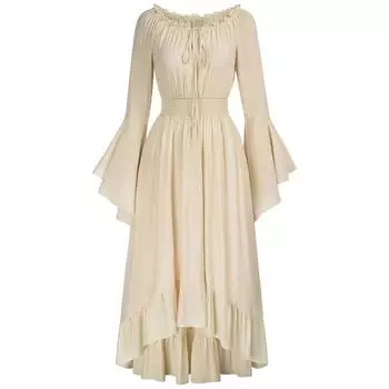 Женское винтажное однотонное кружевное платье с длинным рукавом и воротником-стойкой L бежевый