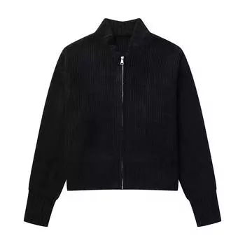 Женское винтажное однотонное пальто с длинным рукавом и круглым вырезом, свитер, куртка, весенний женский повседневный свитер на молнии, пальто S чёрный