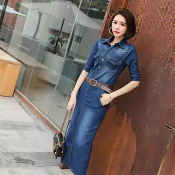 Женское винтажное офисное платье, тонкие повседневные модные длинные джинсовые платья XS синий