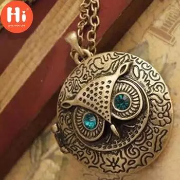 Женское винтажное ожерелье с медальоном в виде совы и синими стразами в винтажном стиле, длинная цепочка, ожерелье