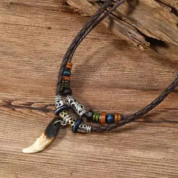 Женское винтажное ожерелье с подвеской в виде зуба зверя в племени, мужское многослойное ожерелье из деревянных бусин, персонализированная цепочка для свитера