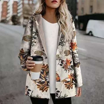 Женское винтажное пальто, шерстяная куртка с цветочным принтом, повседневный кафтан с капюшоном и застежкой-молнией, термотоп S розовый