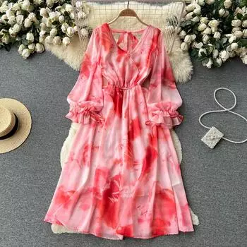 Женское винтажное печатное платье весна-осень сексуальное с V-образным вырезом пляжное длинное платье французское элегантное длинное платье-халат A-силуэта Vestidos One Size красный