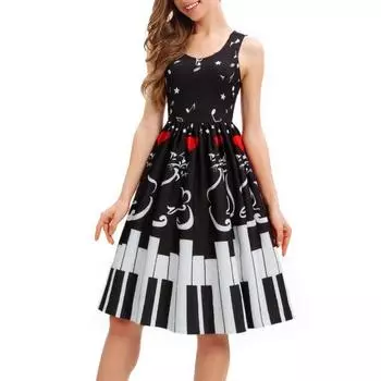 Женское винтажное платье 1950-х годов без рукавов, миди-платье с принтом нотного листа, ретро коктейльное платье-свинг А-силуэта, вечернее платье для танцев для чаепития S чёрный