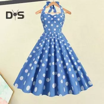 Женское винтажное платье 50-х годов в стиле ретро, трапециевидной формы, без рукавов, с точечным принтом, контрастного цвета, эластичный бюст, повод для шеи, высокая узкая талия, открытая спина, длина до колена S жёлтый