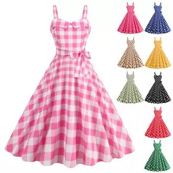 Женское винтажное платье 50-х годов в стиле ретро, трапециевидной формы, без рукавов, с точечным принтом, контрастного цвета, эластичный бюст, с высокой узкой талией, с открытой спиной, до колена, вечернее S светло-розовый