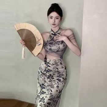 Женское винтажное платье-чеонгсам с сетчатым кружевом и принтом S