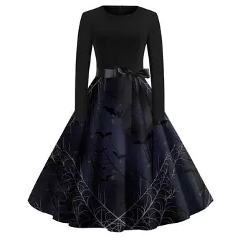 Женское винтажное платье для выпускного вечера с длинным рукавом и принтом на Хэллоуин для всей семьи XL чёрный