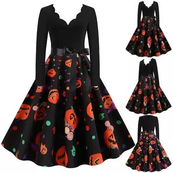 Женское винтажное платье для выпускного вечера с длинным рукавом на Хэллоуин 1950-х годов, домохозяйка S оранжевый