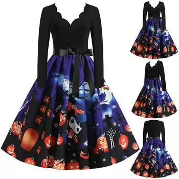 Женское винтажное платье для выпускного вечера с длинным рукавом на Хэллоуин 1950-х годов, домохозяйка L синий