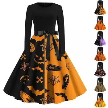 Женское винтажное платье для выпускного вечера с длинным рукавом и принтом на Хэллоуин для всей семьи XXL жёлтый
