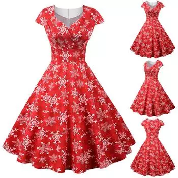Женское винтажное платье для выпускного вечера с коротким рукавом в стиле Рождества 1950-х годов для домохозяйки L красный