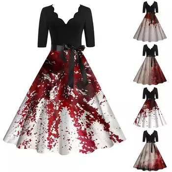 Женское винтажное платье для выпускного вечера с длинным рукавом и принтом на Хэллоуин для всей семьи L чёрный