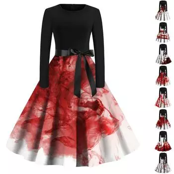 Женское винтажное платье для выпускного вечера с длинным рукавом и принтом на Хэллоуин для всей семьи XXL красный