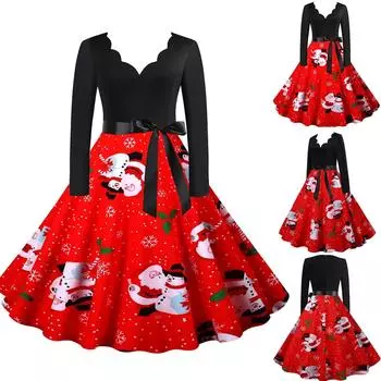 Женское винтажное платье для выпускного вечера с длинным рукавом в стиле Рождества 1950-х годов для домохозяйки красный