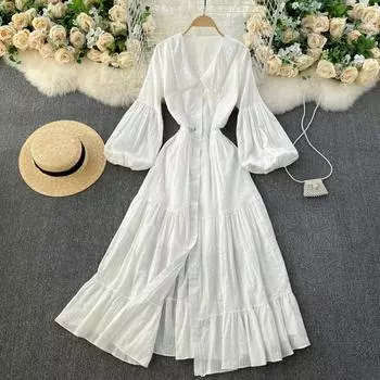 Женское винтажное платье миди с рукавами-фонариками, весенне-осенние праздничные платья-рубашки One Size