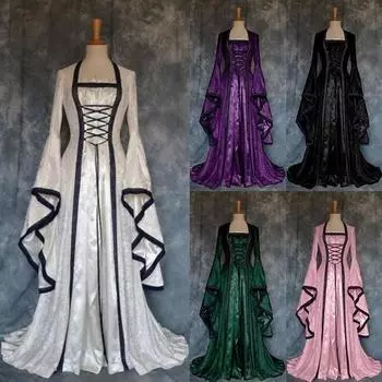 Женское винтажное платье на Хэллоуин, Средневековое платье для косплея в стиле Ренессанс, на шнуровке, с расклешенными рукавами, в пол, длинное платье макси S чёрный