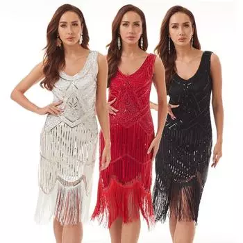 Женское винтажное платье, роскошное банкетное платье больших размеров, с пайетками, кисточками и сетчатым подолом ручной работы, доступна опция средней длины S серый