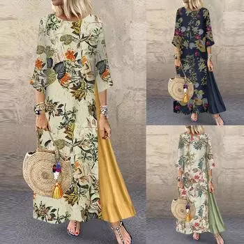 Женское винтажное платье с цветочным принтом и рукавами 3/4, свободное платье макси L зелёный