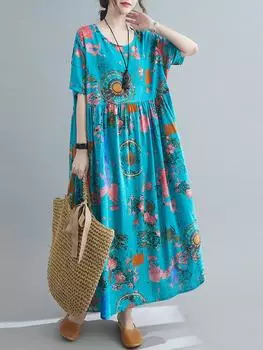 Женское винтажное платье с цветочным принтом и карманами до середины икры, свободное платье с круглым вырезом и короткими рукавами, повседневное платье больших размеров One Size красный