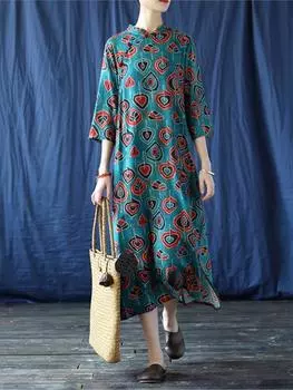 Женское винтажное платье с цветочным принтом Johnature, хлопковое льняное платье со стойкой с семью рукавами, летнее платье Cheongsam в китайском стиле One Size синий