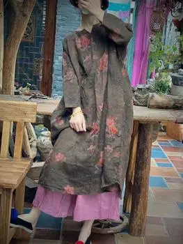Женское винтажное платье с цветочным принтом, льняное высокое качество, свободные халаты, осеннее женское платье в китайском стиле с длинными рукавами