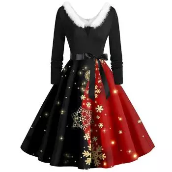 Женское винтажное платье с длинным рукавом и рождественским принтом в стиле 1950-х годов для вечеринки, выпускного вечера, для домохозяйки L горячий розовый