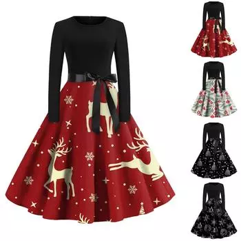 Женское винтажное платье с длинным рукавом и рождественским принтом для домохозяйки, вечернее платье для выпускного вечера L чёрный