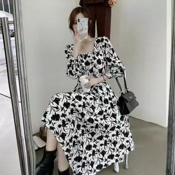 Женское винтажное платье с длинным рукавом и тонкой талией, квадратным воротником и принтом, S-XXL S белый