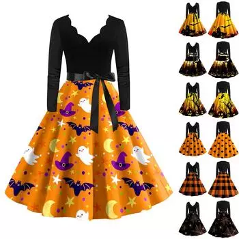Женское винтажное платье с длинным рукавом для Хэллоуина и принтом 1950-х годов, вечернее платье для выпускного вечера для домохозяйки M чёрный