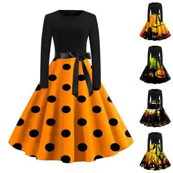 Женское винтажное платье с длинным рукавом для Хэллоуина и принтом 1950-х годов, вечернее платье для выпускного вечера для домохозяйки M золотой