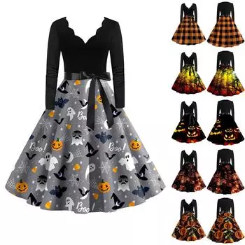 Женское винтажное платье с длинным рукавом для Хэллоуина и принтом 1950-х годов, вечернее платье для выпускного вечера для домохозяйки L чёрный