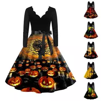 Женское винтажное платье с длинным рукавом для Хэллоуина и принтом 1950-х годов, вечернее платье для выпускного вечера для домохозяйки L оранжевый