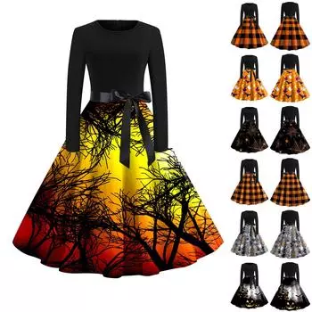 Женское винтажное платье с длинным рукавом для Хэллоуина и принтом 1950-х годов, вечернее платье для выпускного вечера для домохозяйки L чёрный