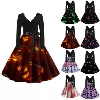 Женское винтажное платье с длинным рукавом для Хэллоуина и принтом 1950-х годов, вечернее платье для выпускного вечера для домохозяйки S фиолетовый