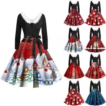 Женское винтажное платье с длинным рукавом и рождественским принтом в стиле 1950-х годов для вечеринки, выпускного вечера, для домохозяйки M