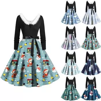 Женское винтажное платье с длинным рукавом и рождественским принтом в стиле 1950-х годов для вечеринки, выпускного вечера, для домохозяйки M