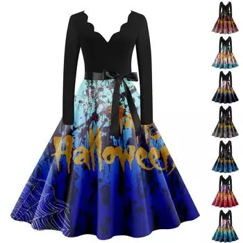 Женское винтажное платье с длинным рукавом и принтом на День святого Валентина для домохозяйки, вечернее платье для выпускного вечера XXXL синий