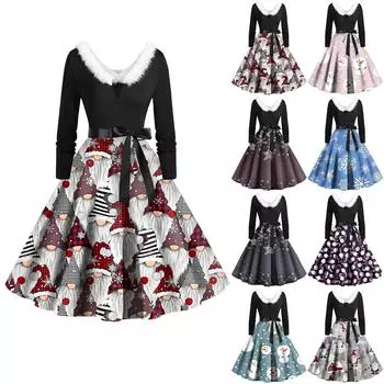 Женское винтажное платье с длинным рукавом и рождественским принтом в стиле 1950-х годов для вечеринки, выпускного вечера, для домохозяйки M чёрный