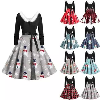 Женское винтажное платье с длинным рукавом и рождественским принтом в стиле 1950-х годов для вечеринки, выпускного вечера, для домохозяйки S