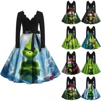 Женское винтажное платье с длинным рукавом и рождественским принтом в стиле 1950-х годов для вечеринки, выпускного вечера, для домохозяйки L армия зеленый