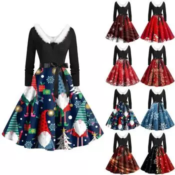 Женское винтажное платье с длинным рукавом и рождественским принтом в стиле 1950-х годов для вечеринки, выпускного вечера, для домохозяйки S тёмно-синий