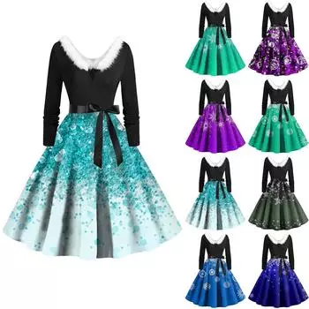 Женское винтажное платье с длинным рукавом и рождественским принтом в стиле 1950-х годов для вечеринки, выпускного вечера, для домохозяйки XXXL циан