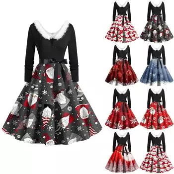 Женское винтажное платье с длинным рукавом и рождественским принтом в стиле 1950-х годов для вечеринки, выпускного вечера, для домохозяйки XXXL