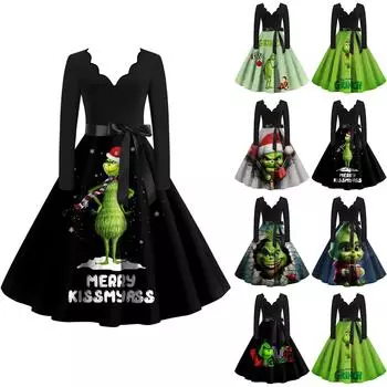 Женское винтажное платье с длинным рукавом и рождественским принтом в стиле 1950-х годов для вечеринки, выпускного вечера, для домохозяйки XL