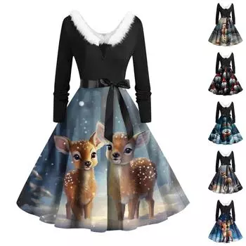 Женское винтажное платье с длинным рукавом и рождественским принтом в стиле 1950-х годов для вечеринки, выпускного вечера, для домохозяйки XL чёрный