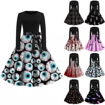 Женское винтажное платье с длинным рукавом для Хэллоуина и принтом 1950-х годов, вечернее платье для выпускного вечера для домохозяйки S фиолетовый