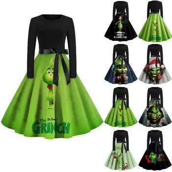 Женское винтажное платье с длинным рукавом и рождественским принтом в стиле 1950-х годов для вечеринки, выпускного вечера, для домохозяйки L