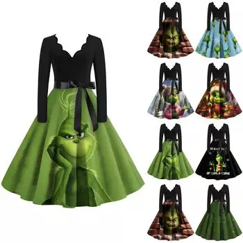 Женское винтажное платье с длинным рукавом и рождественским принтом в стиле 1950-х годов для вечеринки, выпускного вечера, для домохозяйки M зелёный