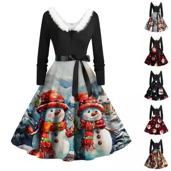 Женское винтажное платье с длинным рукавом и рождественским принтом в стиле 1950-х годов для вечеринки, выпускного вечера, для домохозяйки XXL